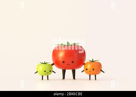 tomate famille 3d mignon dessin de personnage de dessin animé, légumes de jardin. Banque D'Images