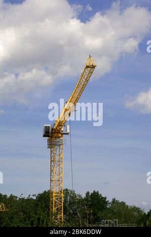 grue de tour sur le chantier en face du ciel couvert près de la forêt Banque D'Images