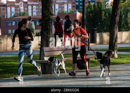 Madrid, Espagne. 02 mai 2020. Deux femmes qui courir avec leurs chiens pendant les 5 phases de quitter le confinement au milieu de Coronavirus.après 49 jours de verrouillage, le gouvernement espagnol commence la première des 5 phases de quitter le confinement. Pour une heure d'exercice individuel pour les adultes sur deux fuseaux horaires, l'un de 6:00 à 10:00 et l'autre de 20:00 à 23:00. Crédit: SOPA Images Limited/Alay Live News Banque D'Images