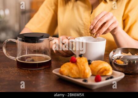 Mains de jeune femme mettant deux morceaux de sucre de canne dans la tasse avec thé frais tout en prenant le petit déjeuner à table dans la cuisine Banque D'Images