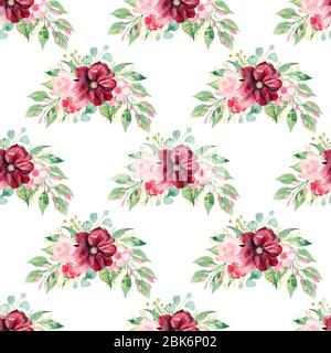 Clipart de bouquet fleuri à motif aquarelle sans coutures. Bourgogne et fleurs roses. Papier numérique tiré à la main. Illustration de verdure. Banque D'Images
