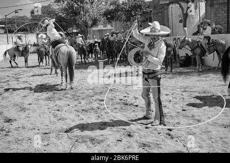 Charrerias sont l'équivalent mexicain des rodéos. Pendant trois jours, les participants ont eu du mal à obtenir le nombre maximum de points dans les différentes tes Banque D'Images