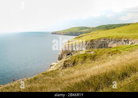 Vue vers l'ouest le long de la magnifique côte jurassique, un après-midi d'été, depuis un sentier au sommet d'une falaise près de la rive dansante, Worth Matravers, Swanage, Dorset, Banque D'Images