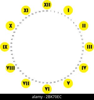 horloge cadran énorme ^chiffres romains en cercle horaire noir sur cercle jaune noir arabe lenners secondes sur fond transparent Illustration de Vecteur