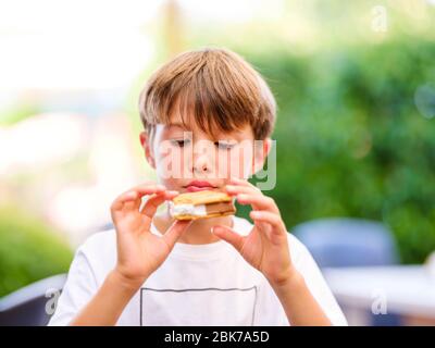 Gros plan portrait de beau, mignon, petit garçon, tenant le sandwich de glace dans sa main, regardant la glace Banque D'Images