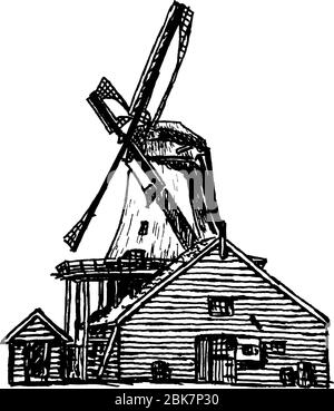 Dessin naturaliste et détaillé d'un moulin à vent - moulins à vent néerlandais dans le parc de moulins à vent de Kinderijk aux Pays-Bas - graphique vectoriel Illustration de Vecteur