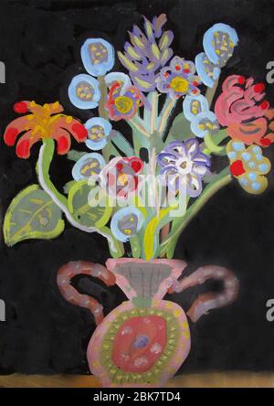 Bouquet de fleurs sur fond noir, gouache Banque D'Images