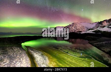 Aurores boréales au-dessus de la plage d'Ersfjord et de la mer norvégienne. Île de Senja la nuit, Norvège, Europe Banque D'Images