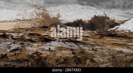 Véritable rivière de boue, éclaboussures d'eau sale, texture de boue ou fond Banque D'Images