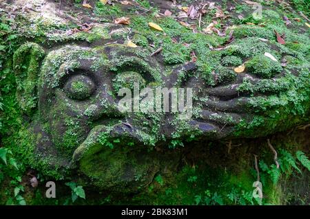 Sculpture sur roche anamiliste Goa Gajah Elephant Cave Bali Indonésie Banque D'Images