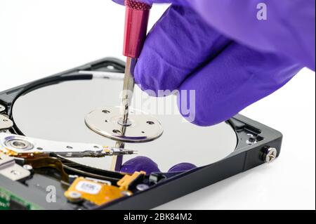 Gros plan du technicien qui répare le disque dur à l'aide d'un tournevis en laboratoire. Concept de données, matériel, technicien et technologie . Banque D'Images
