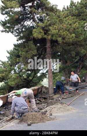 Belgrade, Serbie - 8 mars 2020: Les travailleurs de la construction mettent le pavé pavé pavé pavé sur la promenade de la forteresse du parc de Kalemegdan Banque D'Images