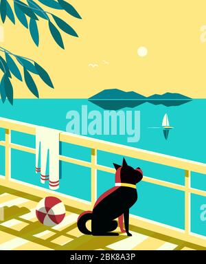 Affiche vectorielle couleur plate Seascape. Vue panoramique sur la mer calme. Chien attendant yacht voile sur l'eau bleue. Dessin animé à la main de style rétro. Vacances en bord de mer Illustration de Vecteur
