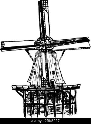Dessin naturaliste et détaillé d'un moulin à vent - moulins à vent néerlandais dans le parc de moulins à vent de Kinderijk aux Pays-Bas - graphique vectoriel Illustration de Vecteur