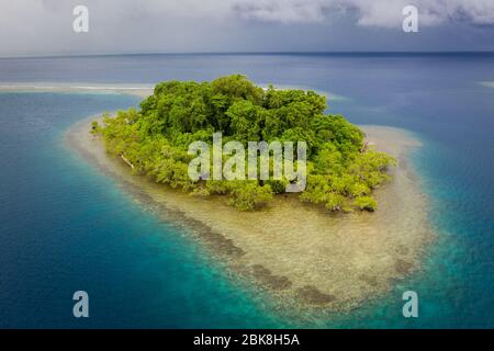 La forêt tropicale couvre une petite île éloignée au large de la côte de la Nouvelle-Bretagne en Papouasie-Nouvelle-Guinée. Cette zone tropicale a une biodiversité marine extrêmement élevée. Banque D'Images