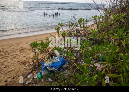 Pollution plastique sur la plage de la mer à Colombo au Sri Lanka. Banque D'Images