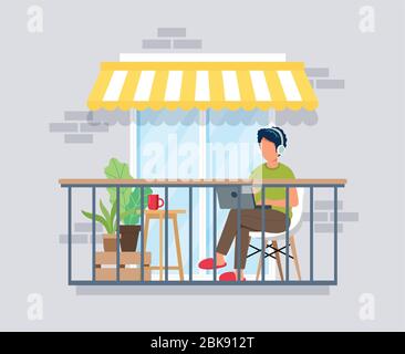 Homme travaillant sur balcon, travail de concept à la maison. Restez chez vous pendant l'épidémie. Illustration vectorielle mignonne et style plat Illustration de Vecteur