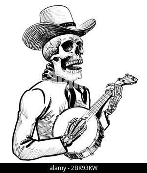 Squelette dans les vêtements de cow-boy jouant le banjo. Encre noir et blanc Banque D'Images