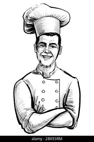 Le chef du restaurant souriant est heureux. Encre noir et blanc Banque D'Images