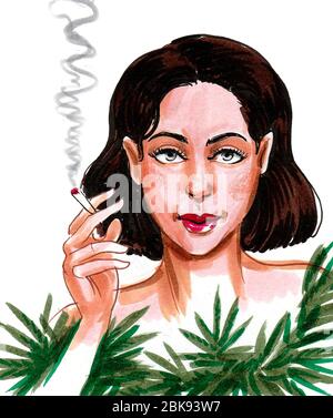 Jolie femme qui fume la marijuana. Dessin encre et aquarelle Banque D'Images