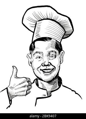 Chef cuisinier montrant le gros pouce. Encre noir et blanc Banque D'Images