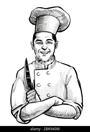 Joyeux sourire le personnage du chef. Encre noir et blanc Banque D'Images