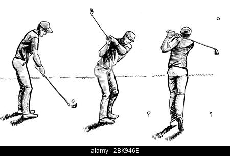 Man playing golf. Dessin noir et blanc Encre Banque D'Images