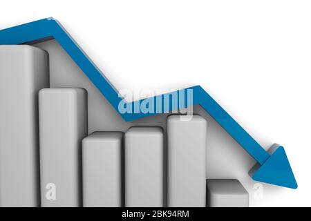 Rendu 3D du concept de finance et d'économie. Récession et tendances à la baisse dans le monde. Graphique de bougeoirs de ralentissement avec flèche bleue. Baisse de l'économie. Banque D'Images