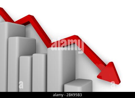 Rendu 3D du concept de finance et d'économie. Récession et tendances à la baisse dans le monde. Graphique de bougeoirs de ralentissement avec flèche rouge. Baisse de l'économie. Banque D'Images