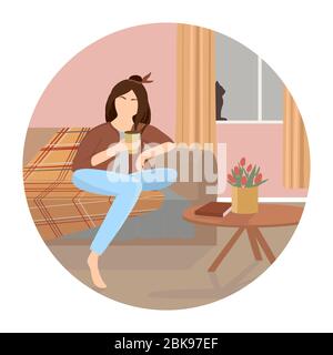 Une jeune fille assise sur le confortable autocar et buvant du thé ou du café dans la chambre. Femme passant du temps le soir à la maison. Illustration vectorielle colorée Illustration de Vecteur