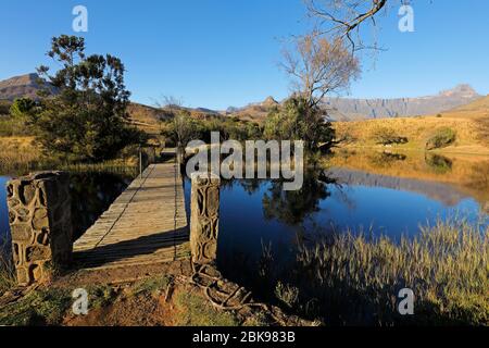 Étang pittoresque sur fond de montagnes du Drakensberg, le Parc National Royal Natal, Afrique du Sud Banque D'Images