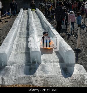 Child on Ice Slide, Matsumoto Ice Sculpture Festival, Nagano, Japon Banque D'Images