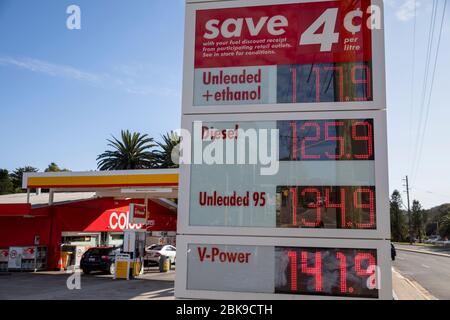 Australie la pandémie du coronavirus a connu une baisse des prix du carburant dans tout le pays, à mesure que la demande diminue, les prix du carburant en mai 2020 à Sydney, en Australie Banque D'Images