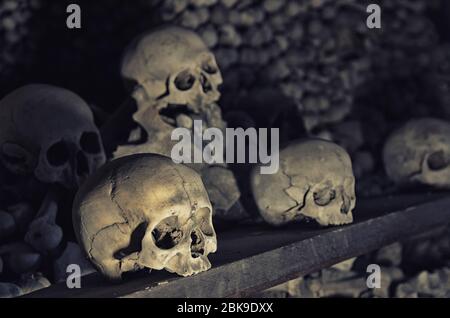 Kutna Hora, République tchèque, 14 mai 2019 : os et crânes humains. Rangée de crânes. Collection Skulls. Symbole de la mort, de la peur et du mal. Eglise de Kostnice à Kutna Hora. Banque D'Images