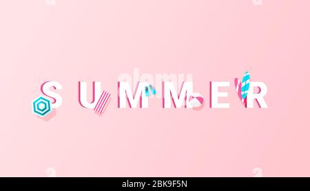 Lettres d'été avec palmes pour la natation, parasol, planche de surf, balle gonflable et chaise de pont objets icônes sur un fond rose délicat. Vue sur le dessus, plat Illustration de Vecteur