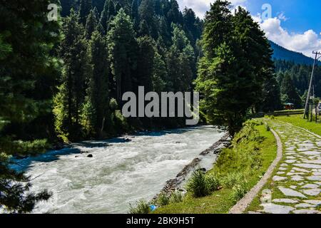 Belle vue sur la rivière Lidder qui coule à travers de belles collines de l'Himalaya à Pahalgam Cachemire, Inde. Banque D'Images