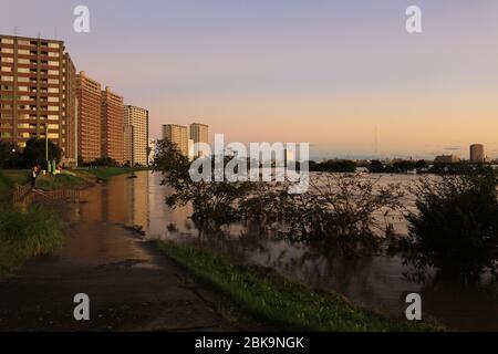 Paysage des basses eaux de la rivière Tama le matin, lorsque le typhon no 19 accompagné de fortes pluies est passé le 13 octobre 2019 Banque D'Images
