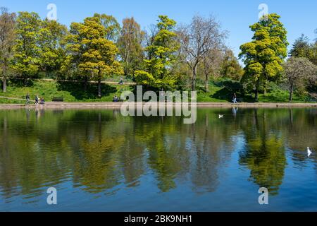 Réflexion colorée dans l'étang d'Inverleith dans le parc d'Inverleith à Stockbridge, Édimbourg, Écosse, Royaume-Uni Banque D'Images