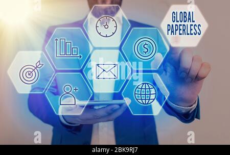 Note écrite montrant Global Paperless. Concept commercial pour aller aux méthodes technologiques comme la messagerie électronique au lieu de papier Banque D'Images