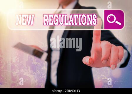 Note écrite montrant les nouvelles réglementations. Concept commercial de réglementation contrôlant l'activité généralement utilisée par les règles. Banque D'Images