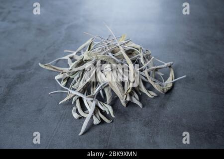 Sauge sèche, thé de salvia sur béton, fond de pierre. Herbiers biologiques, sains et relaxants. Banque D'Images