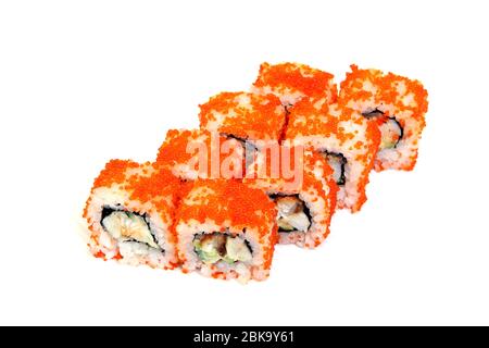 Sushi. Petits pains aux crevettes. Rouler en Californie avec de l'avocat. Cuisine japonaise. Les aliments sains sont bien disposés sur un plateau. Plat avec riz. Banque D'Images