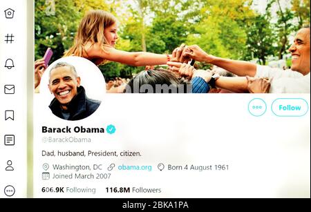 Page Twitter (mai 2020) : Barack Obama, ancien président américain Banque D'Images