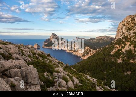 Vue sur le paysage du Cap de Formentor dans l'après-midi, vue depuis le belvédère de Mirador es Colomer, Majorque, Espagne Banque D'Images