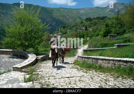 Kalariens, Grèce - 06 juin 2019: Homme non identifié avec des ânes dans le village de montagne Kalariens, un village Aromanien aka Vlach dans le parc national de TZO Banque D'Images