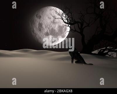 Illustration d'un loup pendant la pleine lune en hiver avec un arbre créepy - rendu tridimensionnel Banque D'Images