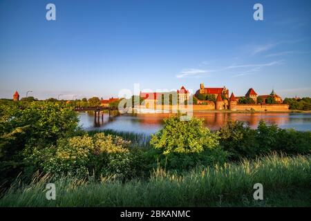 Rive de la rivière et château de Malbork au coucher du soleil en Pologne. Banque D'Images