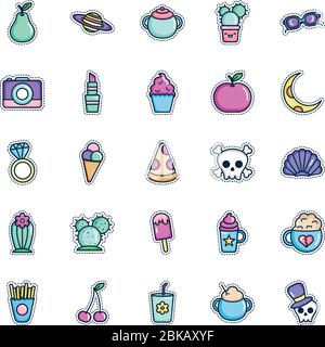 icône crâne et patchs sur fond blanc, style de couleur de ligne, illustration vectorielle Illustration de Vecteur