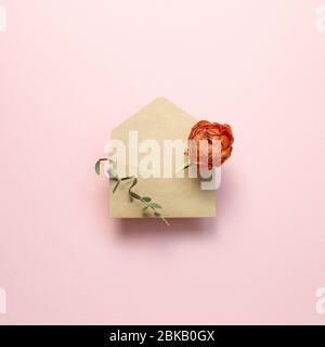 Enveloppe marron Kraft avec fleur de ranunculus sèche et feuille d'eucalyptus sur fond rose Banque D'Images