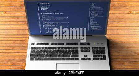 Code de programmation, logiciel, développement de technologies de codage concept. Code sur un écran d'ordinateur portable, arrière-plan de bureau en bois. illustration tridimensionnelle Banque D'Images